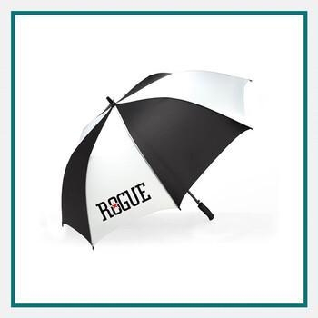 White and black ShedRain® auto-open golf promotional item with logo umbrella featuring alternating panels and a curved handle, with the ROGUE logo printed on one panel, shown open against a plain background.