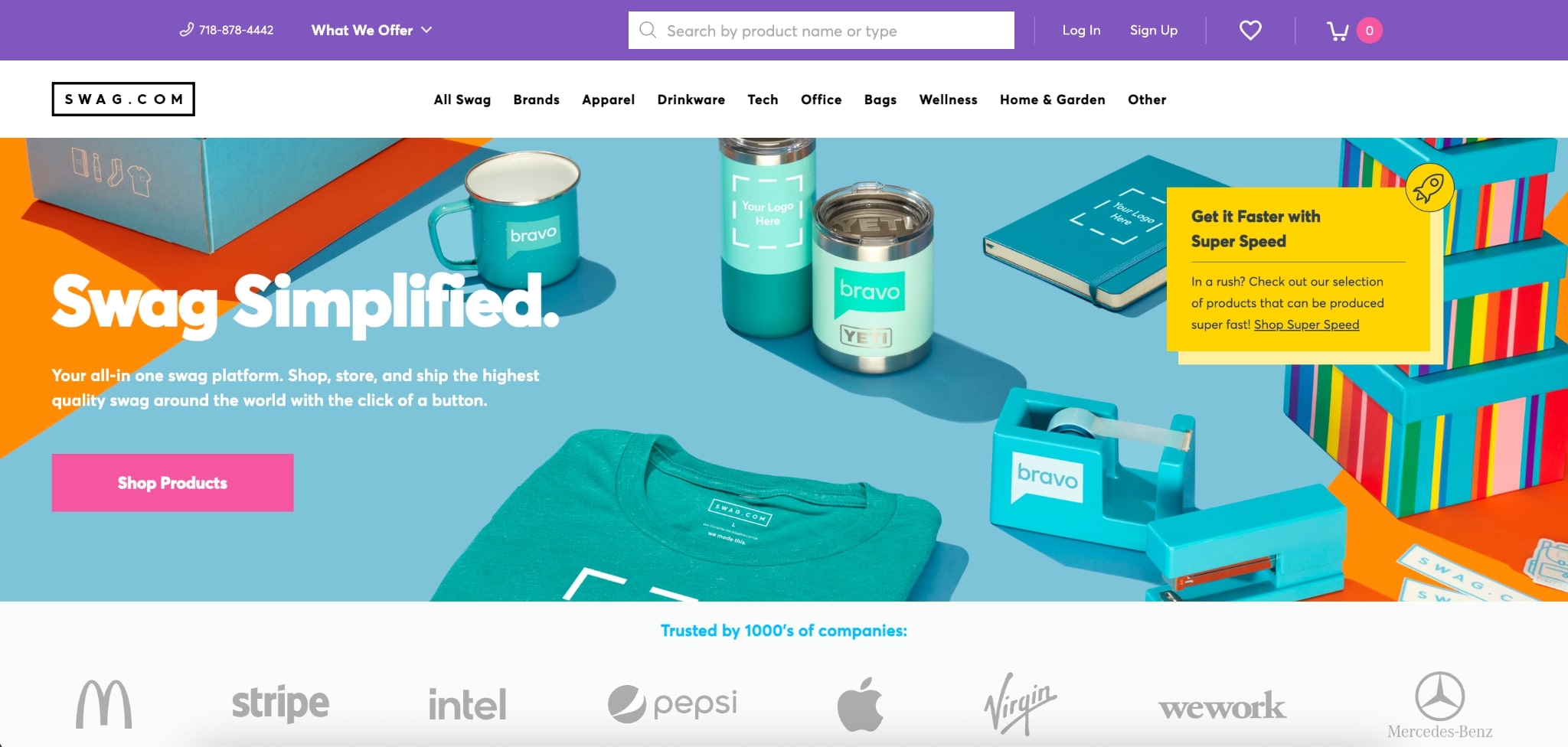 Hero section screenshot of SWAG.COM's website.