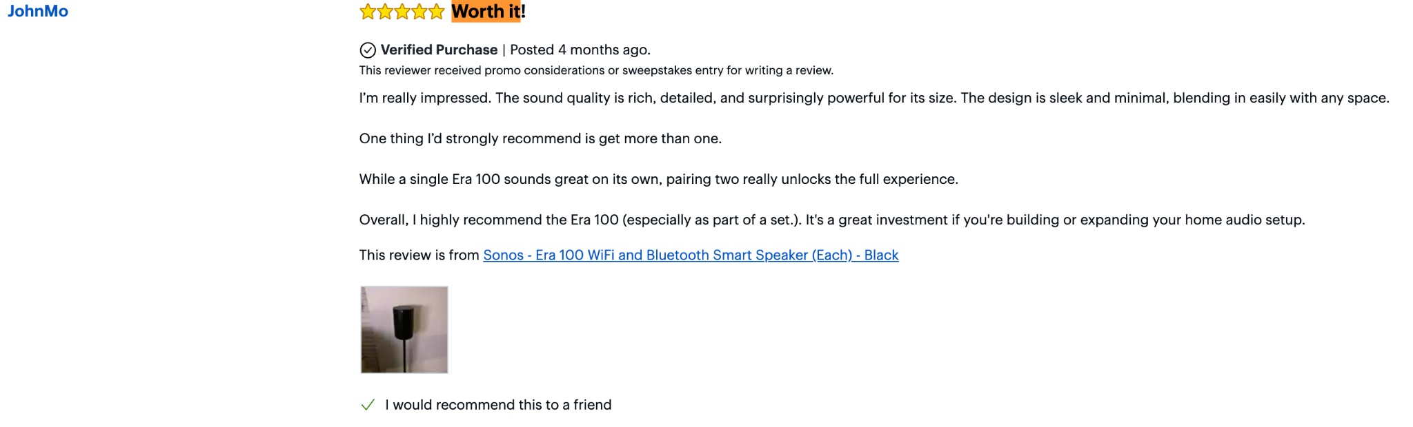 A Best Buy customer review praising the rich sound quality, sleek design, and value of the Sonos Era 100 speaker.