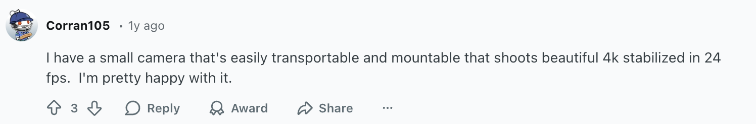 A Reddit review where a user shares positive feedback about a compact, mountable camera capable of shooting stabilized 4K video at 24 fps.