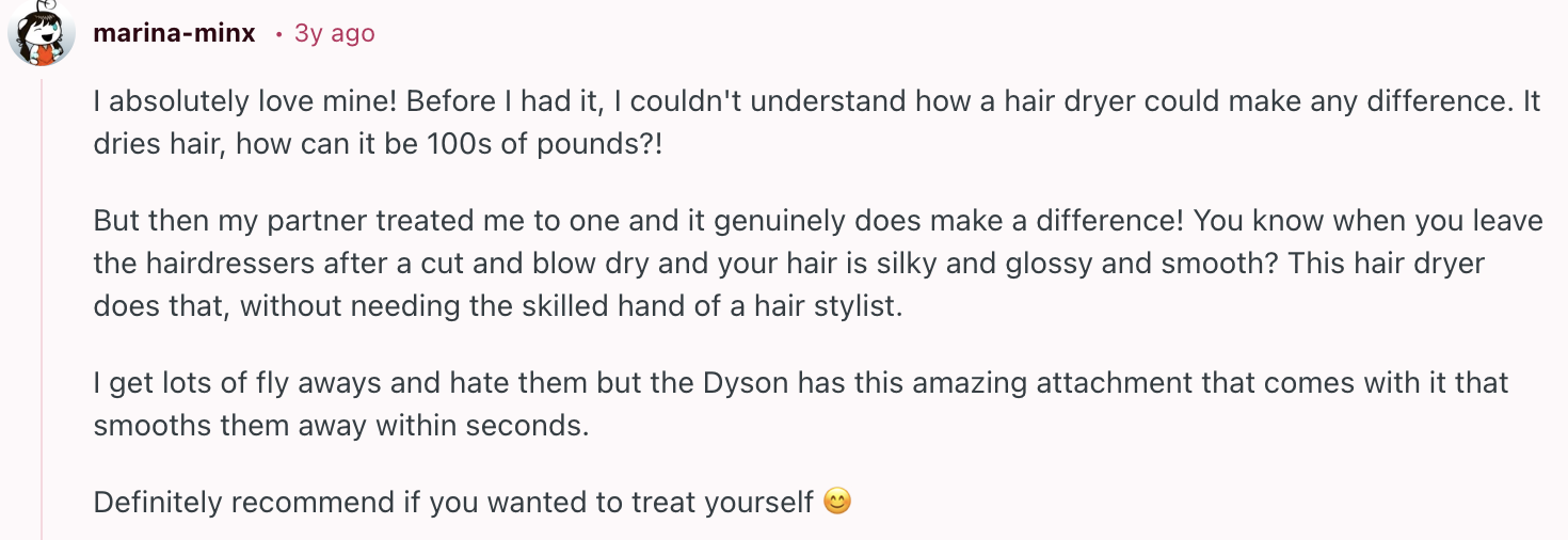 A Reddit review explaining how a user loved Dyson's hair dryer.