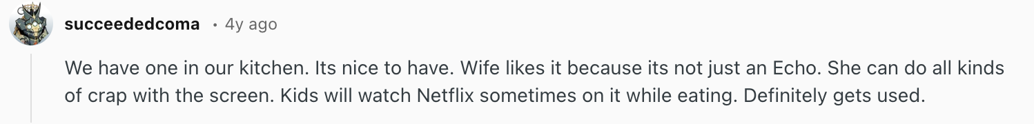 A Reddit review describing a family’s experience using a smart display in the kitchen, noting its versatility and frequent use.