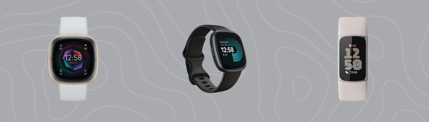 Fitness and health-focused tech gifts, including smartwatches and activity trackers with colorful displays, are shown on a grey, patterned background.