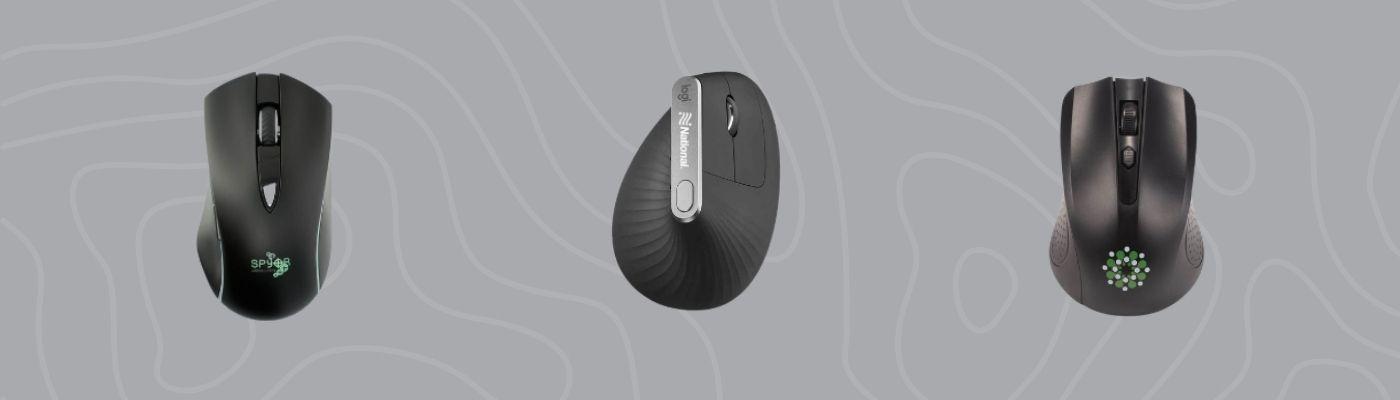 Wireless tech gifts featuring ergonomic and compact computer mice with branded detailing on a grey, patterned background.