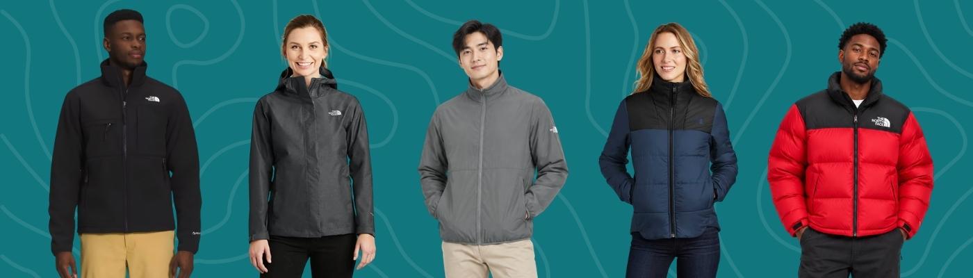 Five co-branded The North Face jackets shown on a green-patterned background