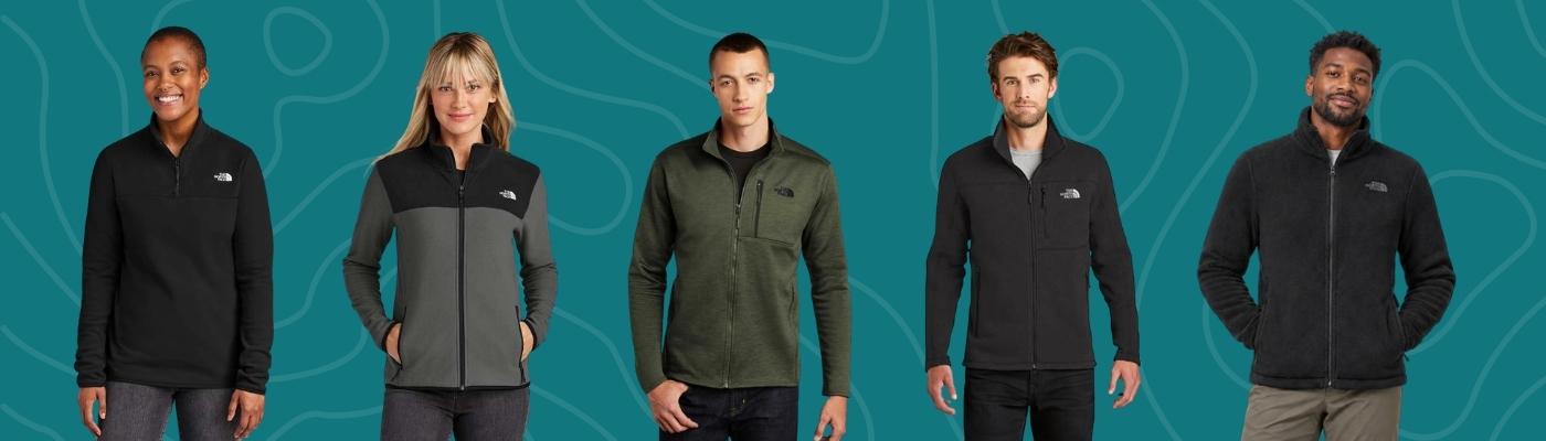 One co-branded The North Face pullover and four fleeces shown on a green-patterned background