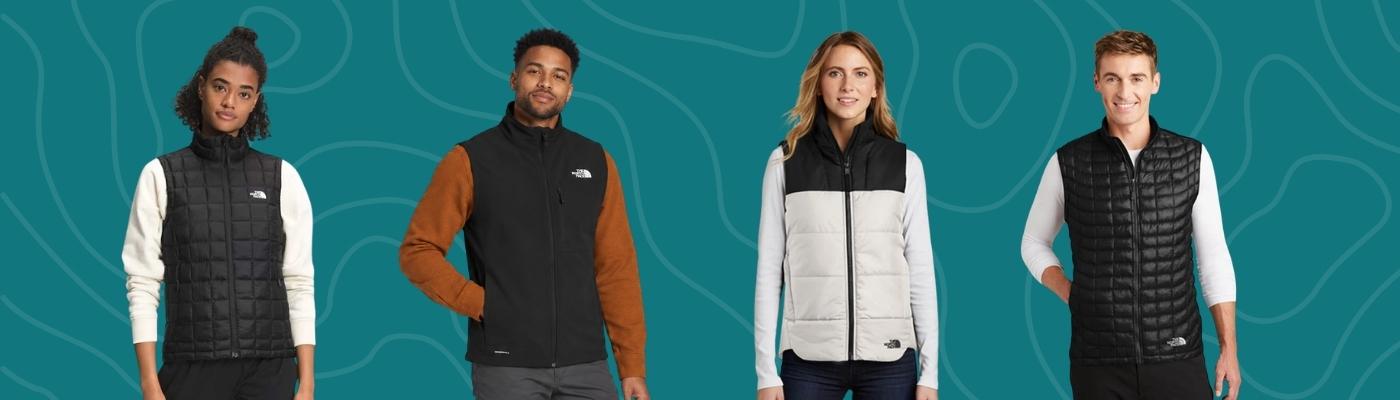 Four co-branded The North Face vests shown on a green-patterned background