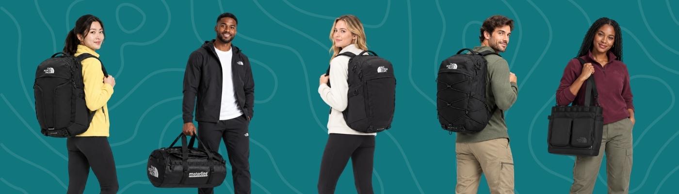 A green-patterned background showing five co-branded The North Face bags: three backpacks, one duffel bag, and one tote