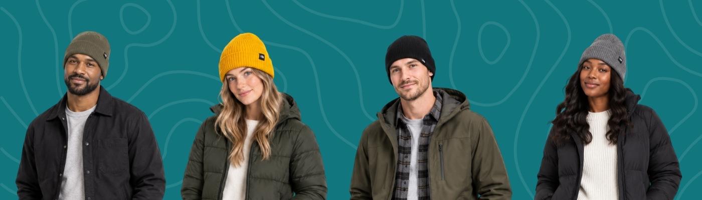 A green-patterned background showing co-branded The North Face's headwear collection, featuring four beanies in total