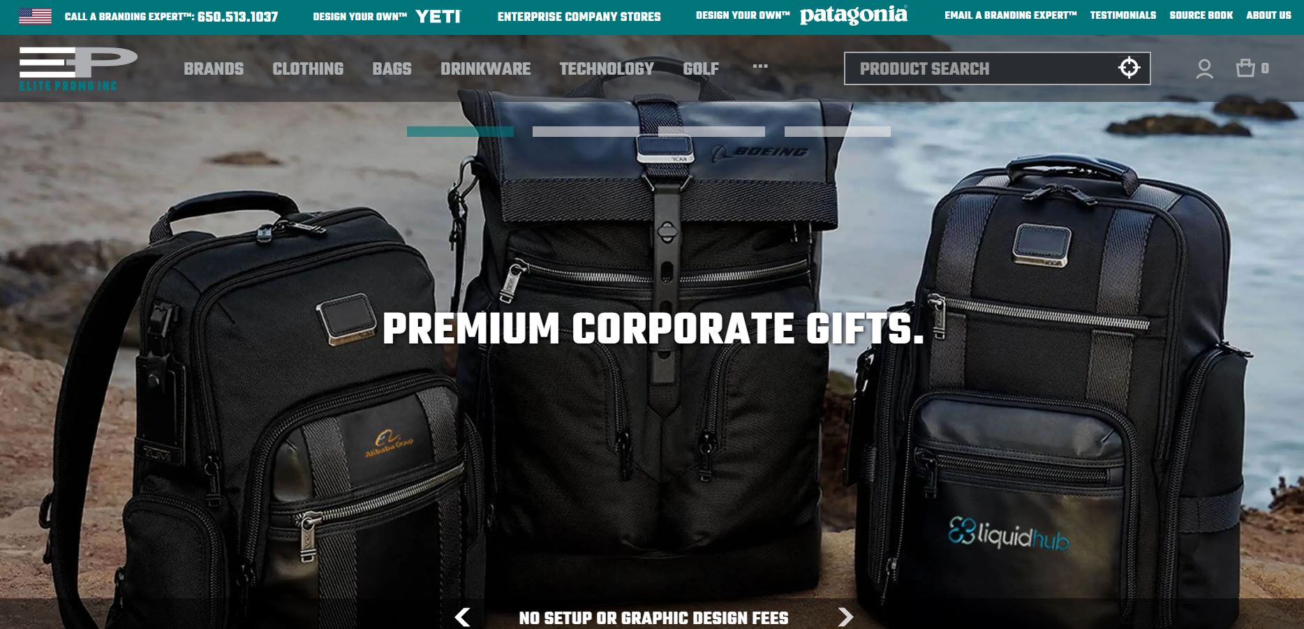 ELITE PROMO INC homepage showing premium corporate gifts co-branded with company logos