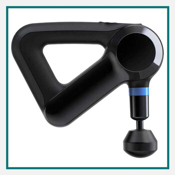 Black Theragun Elite (5th generation) handheld percussive massage gun with triangular ergonomic handle and round attachment head, work anniversary gifts.
