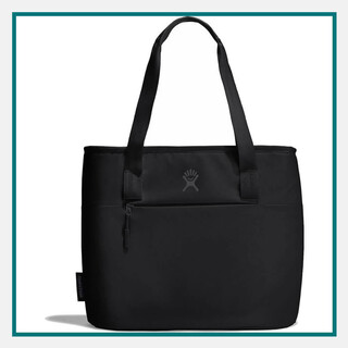 Hydro Flask® 8 L Lunch Tote in black with custom branding, featuring durable straps and an exterior zip pocket. An elegant and functional choice for corporate gifts for employees who need style and utility on the go.