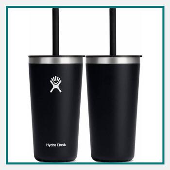 Laser-engraved black Hydro Flask tumblers with matching straw lids are stylish and functional corporate gifts for clients.