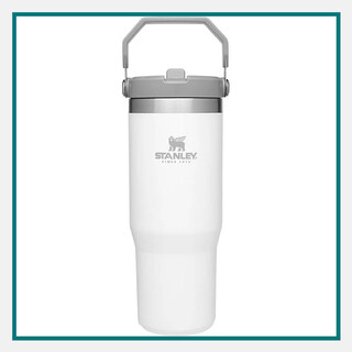 Stanley 30 oz. Iceflow Flip Straw Tumbler in white with a gray lid and handle, laser engraved logo—an excellent option for corporate gifts for employees.