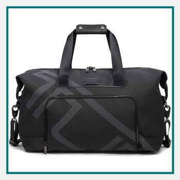 Black and grey TUMI™ Alpha Reflective Double Expansion Travel Duffel shown fully expanded on a white background.