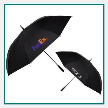 Black TUMI™ extra large golf umbrella fully opened, featuring a sleek canopy and sturdy handle.