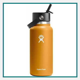 Hydro Flask® 32 oz. Wide Mouth Bottle in orange with Flex Straw Cap, featuring a laser engraved logo, a great pick for corporate gifts for employees.