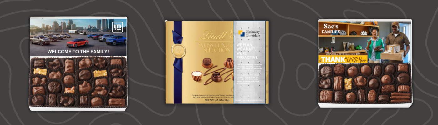 Gourmet chocolate gift boxes featuring See&rsquo;s Candies assorted chocolates and nuts and chews alongside a Lindt Swiss chocolate selection on dark background. These are premium new year corporate gifts.