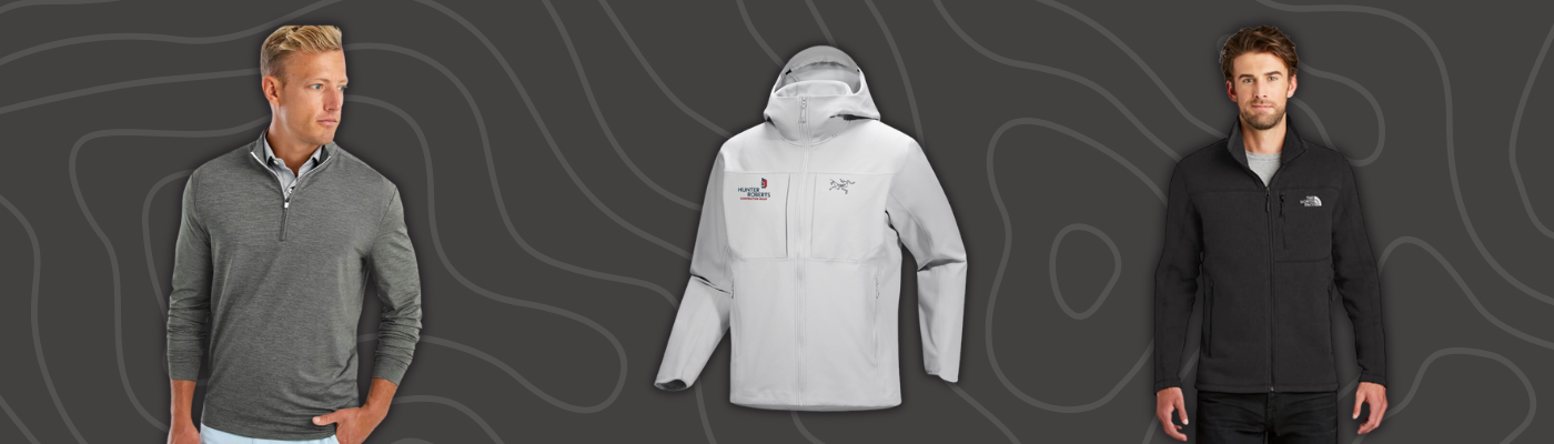 Three men&rsquo;s outerwear styles including Arc&rsquo;teryx Gamma MX Hoody, Johnnie-O quarter zip, and The North Face fleece, ideal for New Year Corporate Gifts