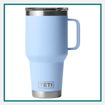 YETI® 30 oz Rambler travel mug in light blue with Stronghold lid and side handle.