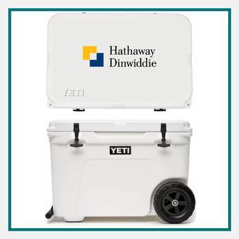 White YETI Tundra Haul wheeled hard cooler with rubber latches and telescoping handle, work anniversary gifts.