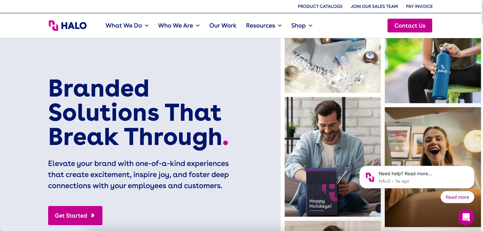 HALO Branded Solutions website hero banner showing branded drinkware, gift boxes, and promotional merchandise display.