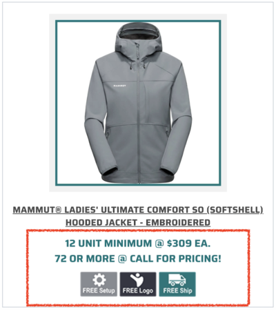MAMMUT Ladies' Ultimate Comfort Softshell Hooded Jacket in gray with embroidered logo, shown with pricing details.