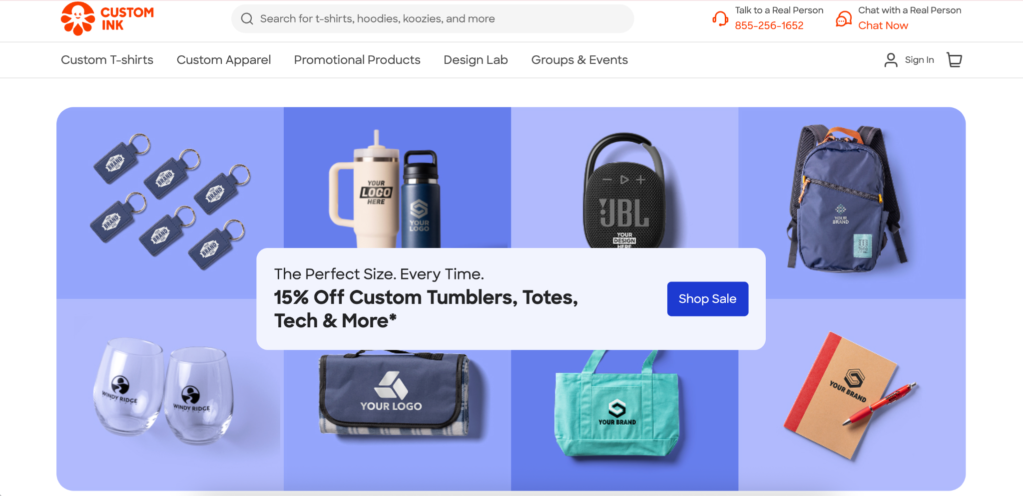Custom Ink website hero banner showing custom tumblers, totes, and tech gifts featured in Top 10 promotional products companies.