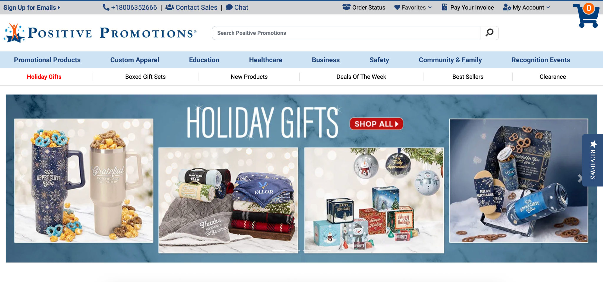 Positive Promotions website hero banner showcasing holiday gift sets, mugs, blankets, and ornaments for corporate gifting.