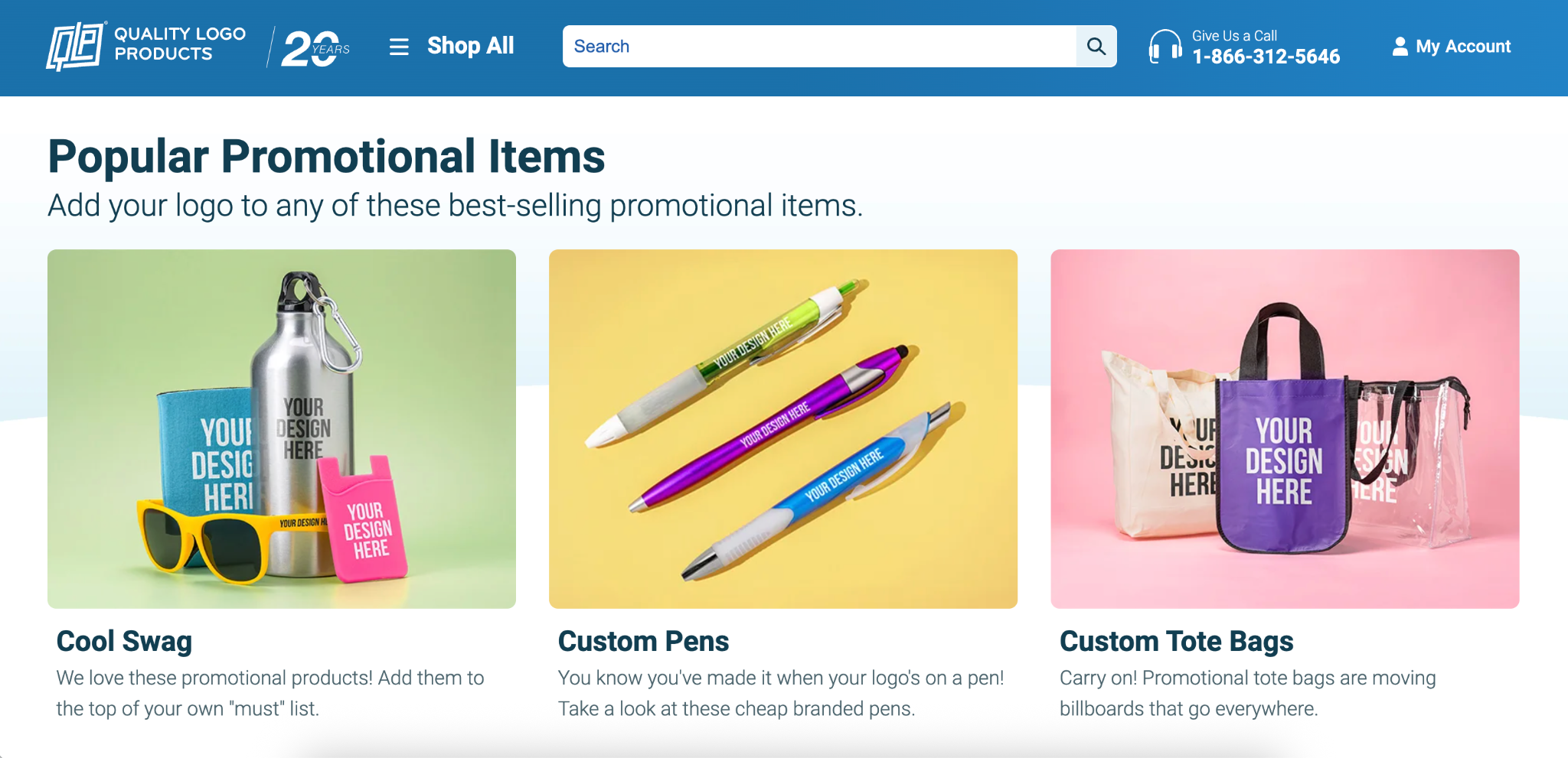 Quality Logo Products website hero section showing custom tote bags, pens, and drinkware featured in Top 10 promotional products companies.