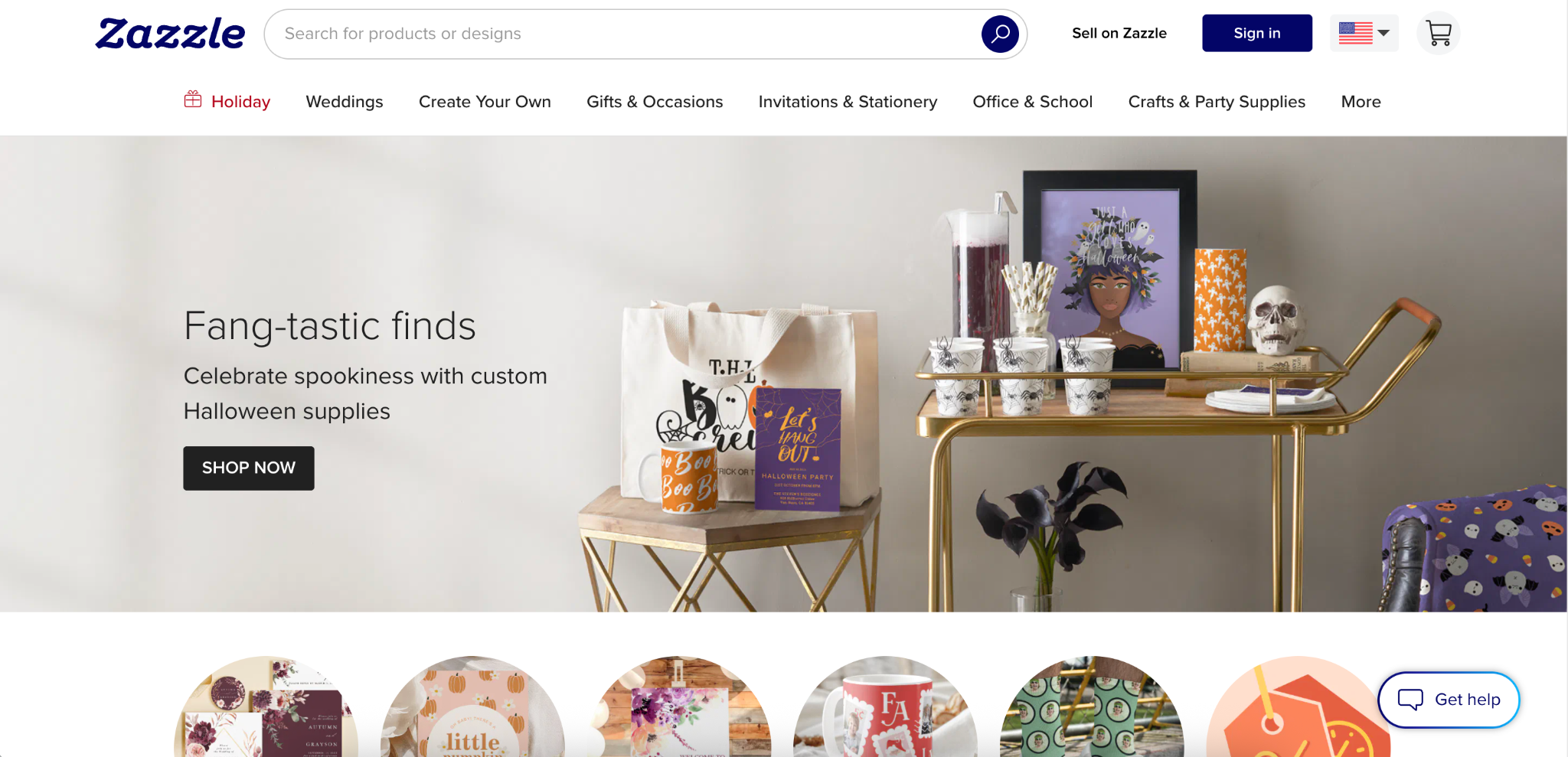 Zazzle website hero section featuring Halloween-themed custom bags, cups, and party décor on a gold table.