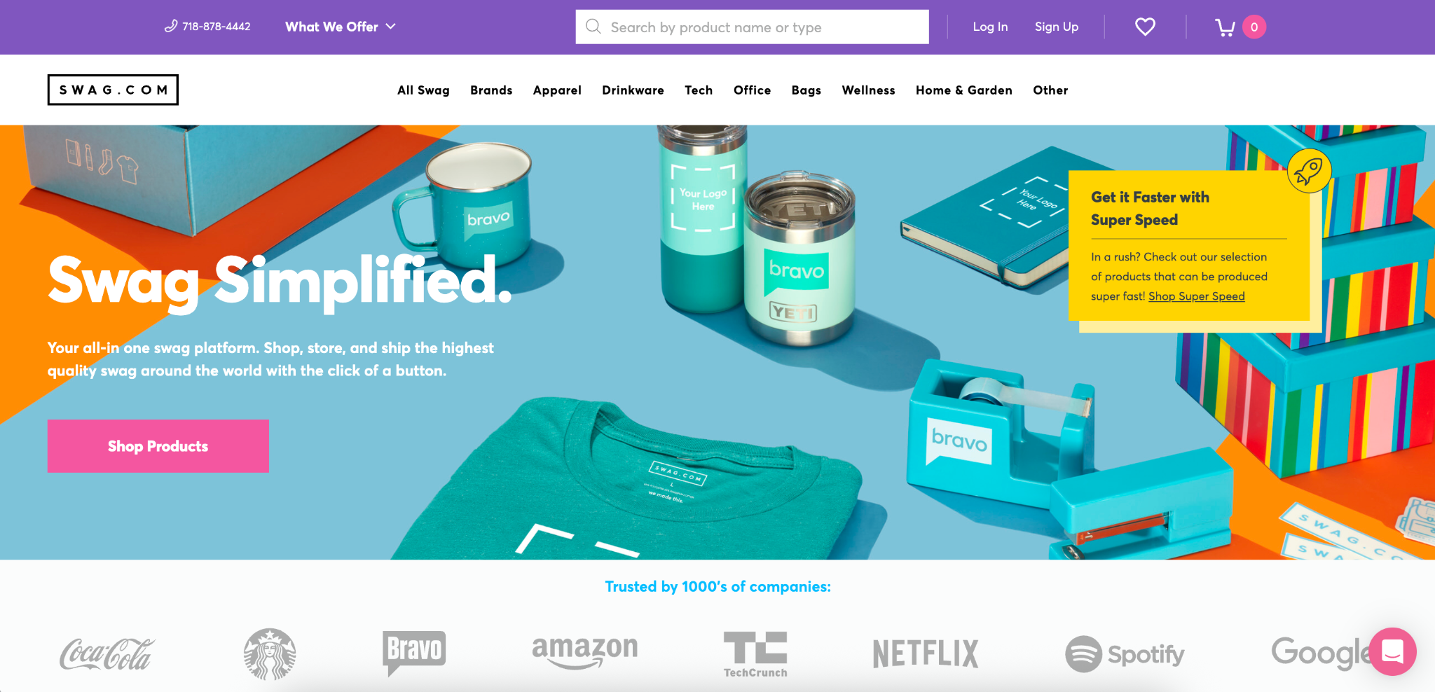 Swag.com website hero section displaying branded apparel, drinkware, and office products for company swag programs.