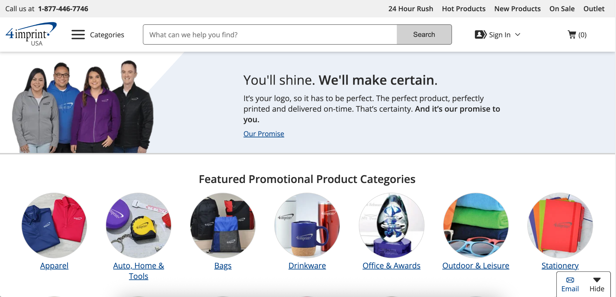 4imprint USA website hero section highlighting apparel, bags, drinkware, and stationery promotional categories.