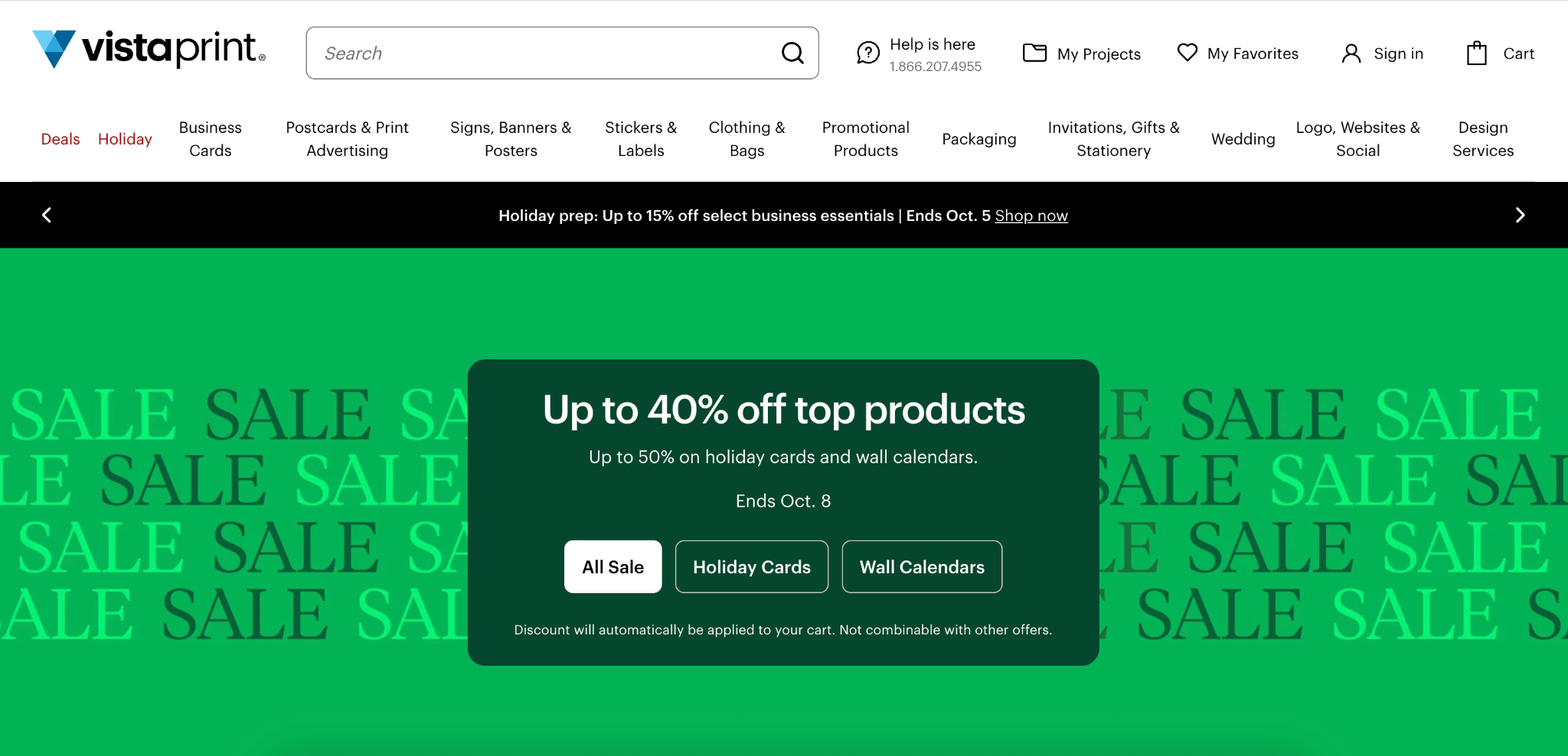 VistaPrint website hero banner promoting up to 40% off top products including holiday cards and wall calendars.